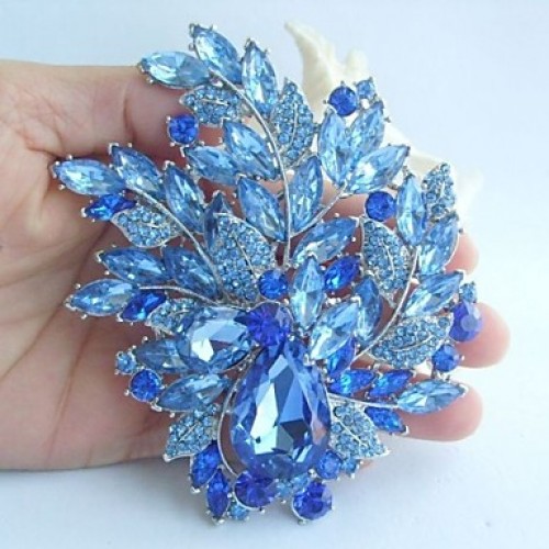 Wedding 4.33 Inch Silver-tone Blue Rhinestone Crystal Flower Brooch Art Deco Brooch Bouquet