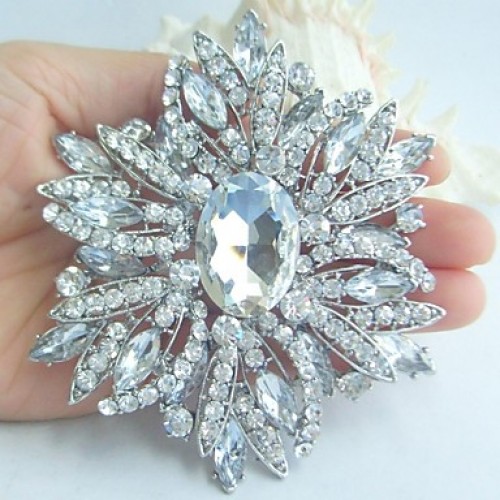 Wedding 3.94 Inch Silver-tone Clear Rhinestone Crystal Flower Brooch Art Deco Bridal Bouquet