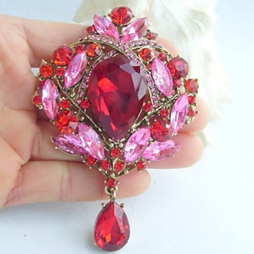 3.54 Inch Gold-tone Red Pink Rhinestone Crystal Drop Flower Brooch Pendant Art Deco