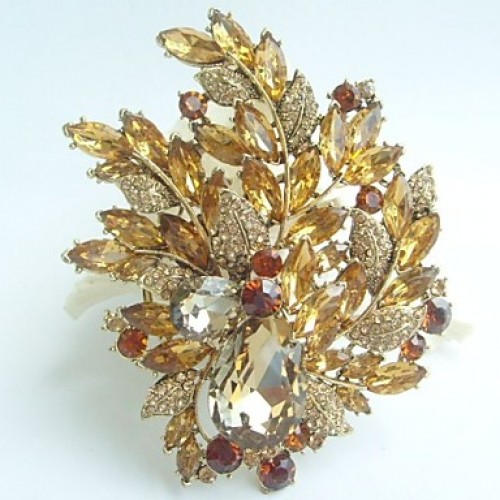 Gorgeous 4.33 Inch Gold-tone Topaz Rhinestone Crystal Flower Brooch Art Deco Brooch Bouquet