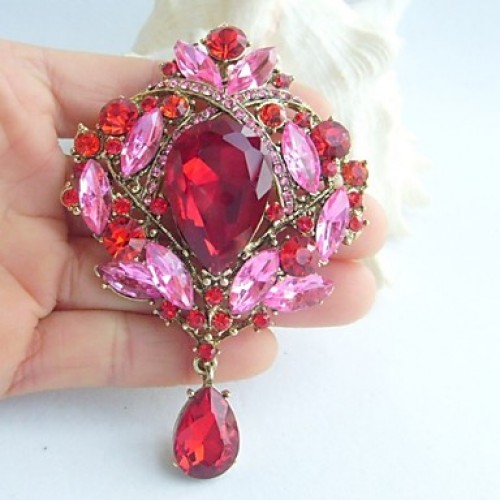 3.54 Inch Gold-tone Red Pink Rhinestone Crystal Drop Flower Brooch Pendant Art Deco