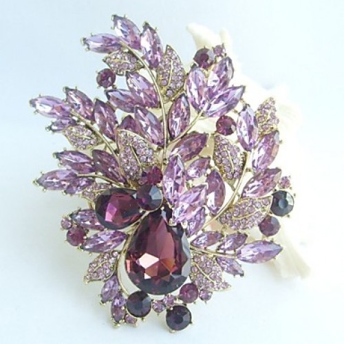 Gorgeous 4.33 Inch Gold-tone Purple Rhinestone Crystal Flower Brooch Art Deco Brooch Bouquet