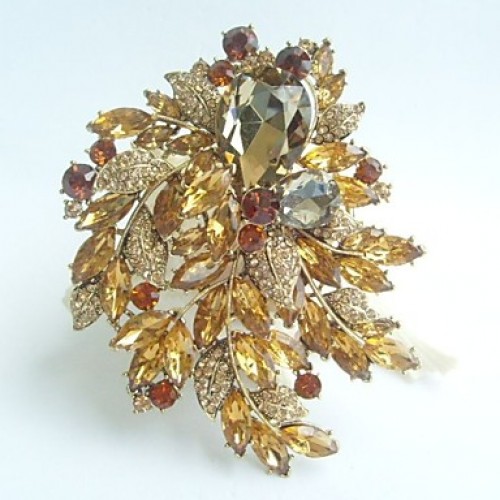 Gorgeous 4.33 Inch Gold-tone Topaz Rhinestone Crystal Flower Brooch Art Deco Brooch Bouquet