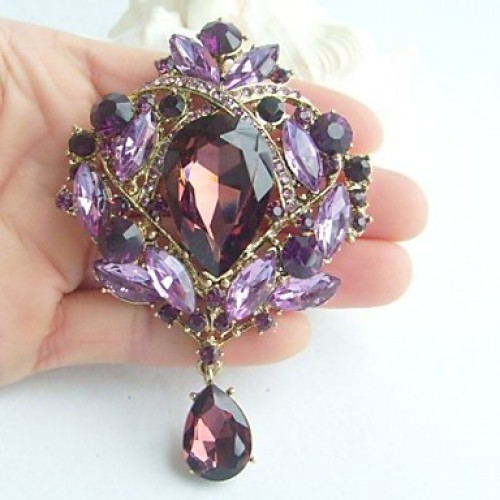 3.54 Inch Gold-tone Purple Rhinestone Crystal Drop Flower Brooch Pendant Art Deco