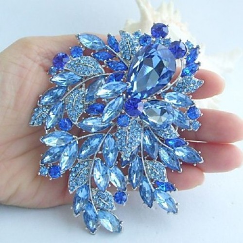 Wedding 4.33 Inch Silver-tone Blue Rhinestone Crystal Flower Brooch Art Deco Brooch Bouquet