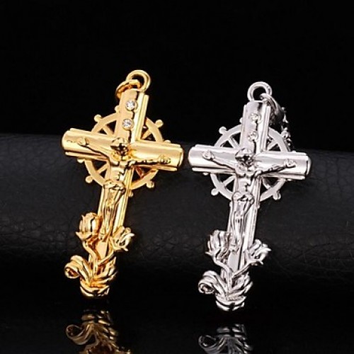 Crucifix Cool Cross Pendant Rotatable Wheel Choker Necklace for Men Clear Rhinestone 18K Gold Plated Fashion Jewelry