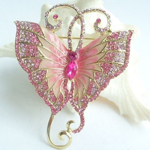 Women Accessories Gold-tone Pink Rhinestone Crystal Butterfly Brooch Art Deco Insect Brooch