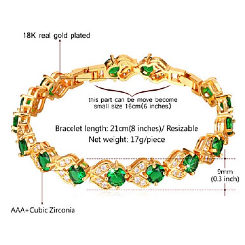 Women's Fashion Cubic Zirconia Jewelry Gift Platinum/18K Real Gold Plated Shiny Green Zircons Tennis Bracelets