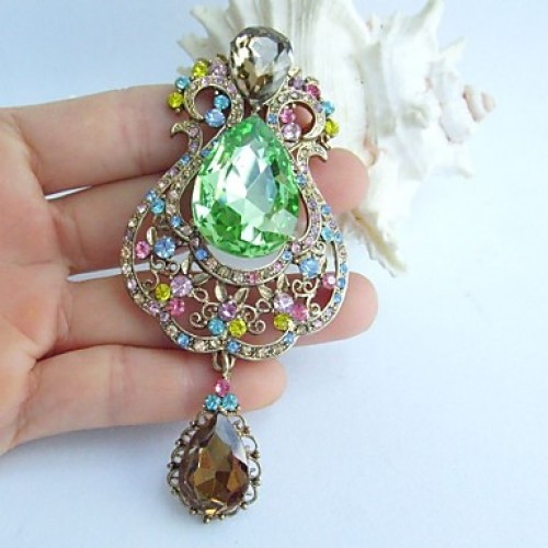 3.94 Inch Gold-tone Multicolor Rhinestone Crystal Drop Flower Brooch Art Decorations