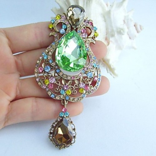 3.94 Inch Gold-tone Multicolor Rhinestone Crystal Drop Flower Brooch Art Decorations