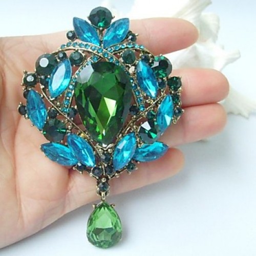 3.54 Inch Gold-tone Turquoise Green Rhinestone Crystal Drop Flower Brooch Pendant Art Deco