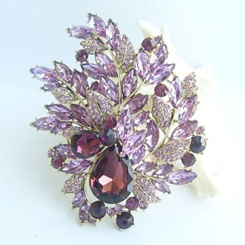 Gorgeous 4.33 Inch Gold-tone Purple Rhinestone Crystal Flower Brooch Art Deco Brooch Bouquet