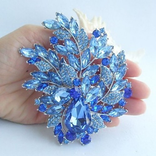 Wedding 4.33 Inch Silver-tone Blue Rhinestone Crystal Flower Brooch Art Deco Brooch Bouquet