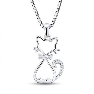 Women's Fashion Sterling Silver set with Zircon Kitty Pendant with Silver Box Chain