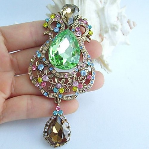 3.94 Inch Gold-tone Multicolor Rhinestone Crystal Drop Flower Brooch Art Decorations