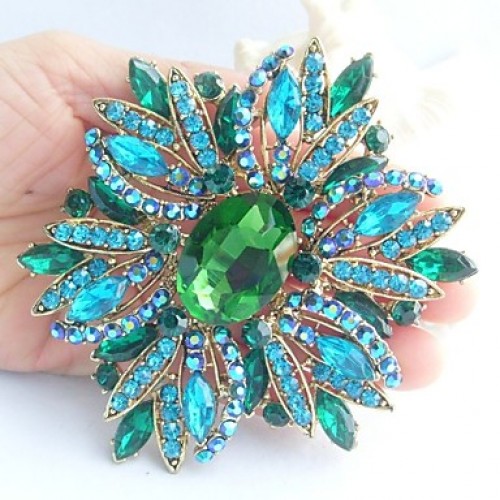 Gorgeous 3.94 Inch Gold-tone Turquoise Green Rhinestone Crystal Flower Brooch Art Deco